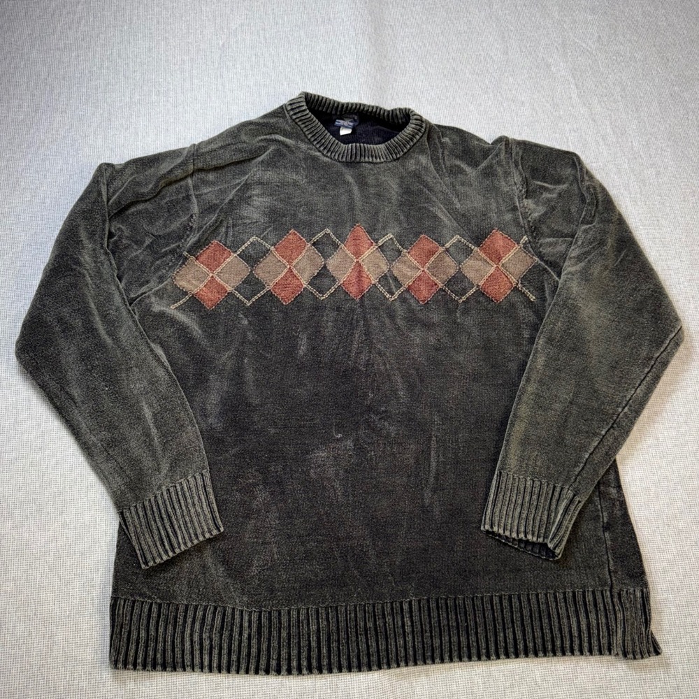 Vintage Dockers Chenille Sweater Mens XL Gray Argyle Cotton Knit Crewneck